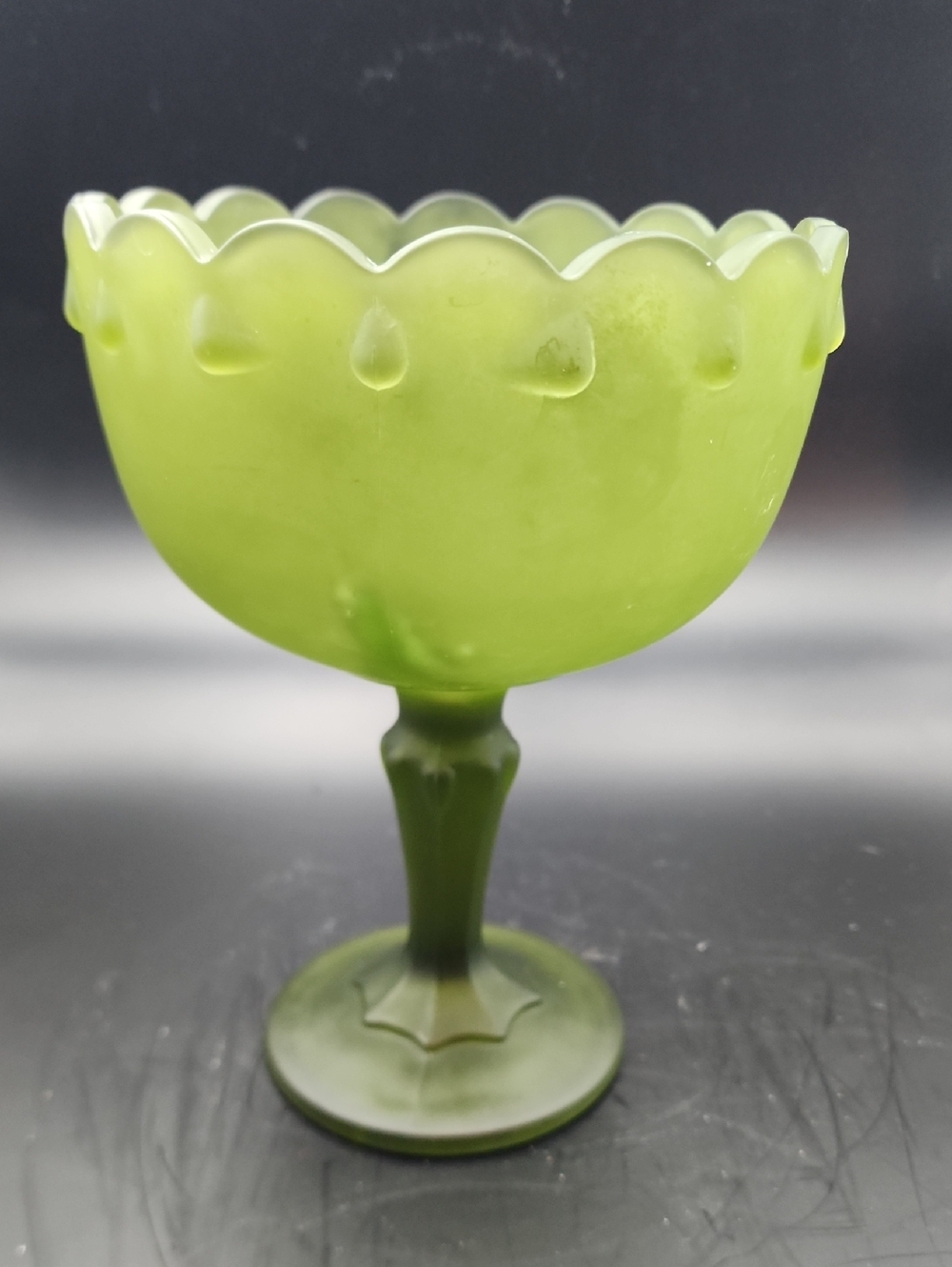 Indiana Glass Frosted Avocado Green Pedestal Teardrop Compote 7.5"  Bowl
